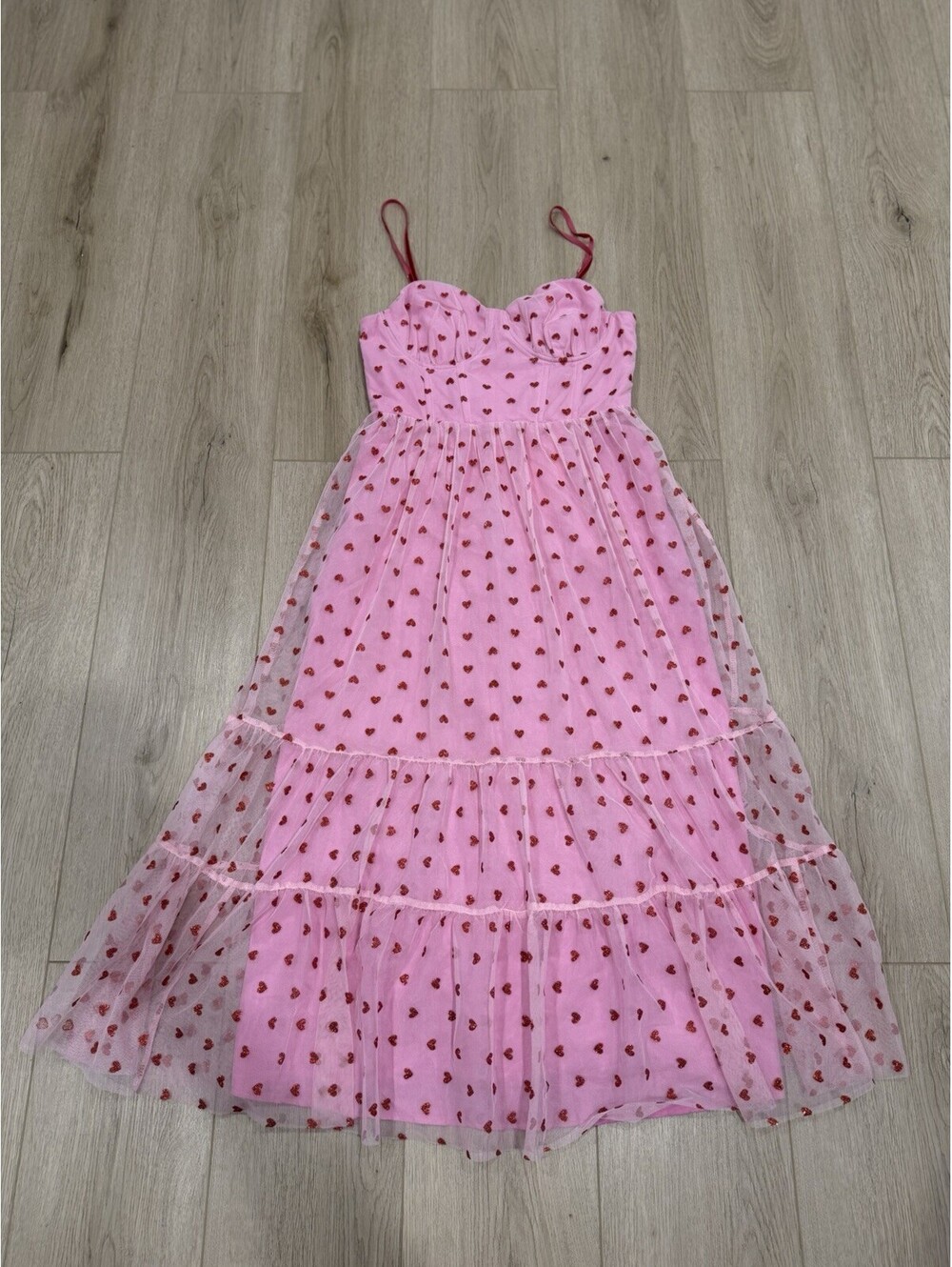 NWT Betsey Johnson Dress Pink 6 Red Glitter Heart Tulle Mesh Midi